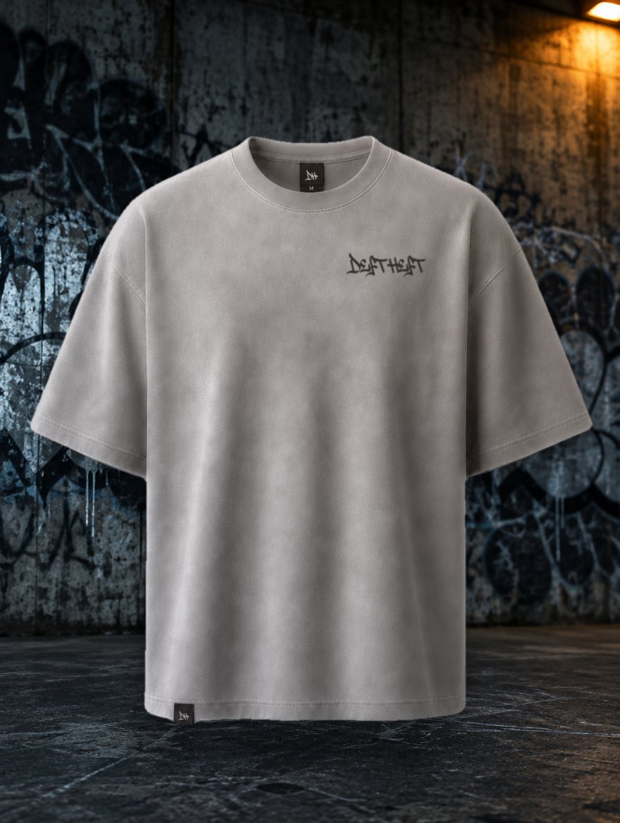 The same tee from the front with a small Deft Heft wordmark on the chest. Concept render.